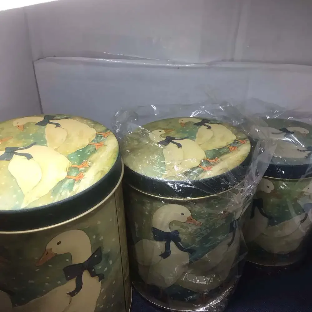 Vintage Nesting Metal Canister Set with Winter Geese and Blue Bows